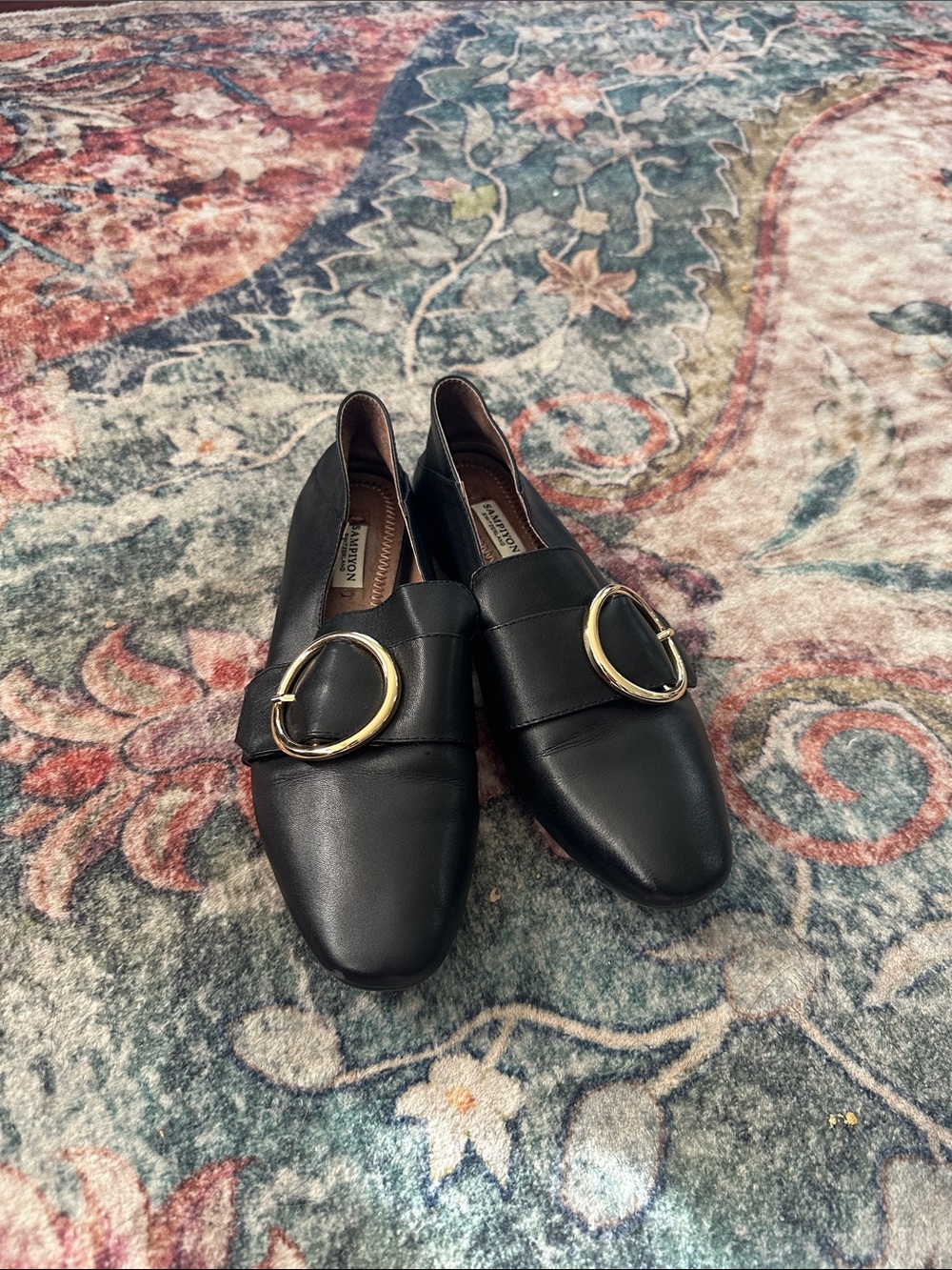 Black Leather Loafers with Gold Buckle